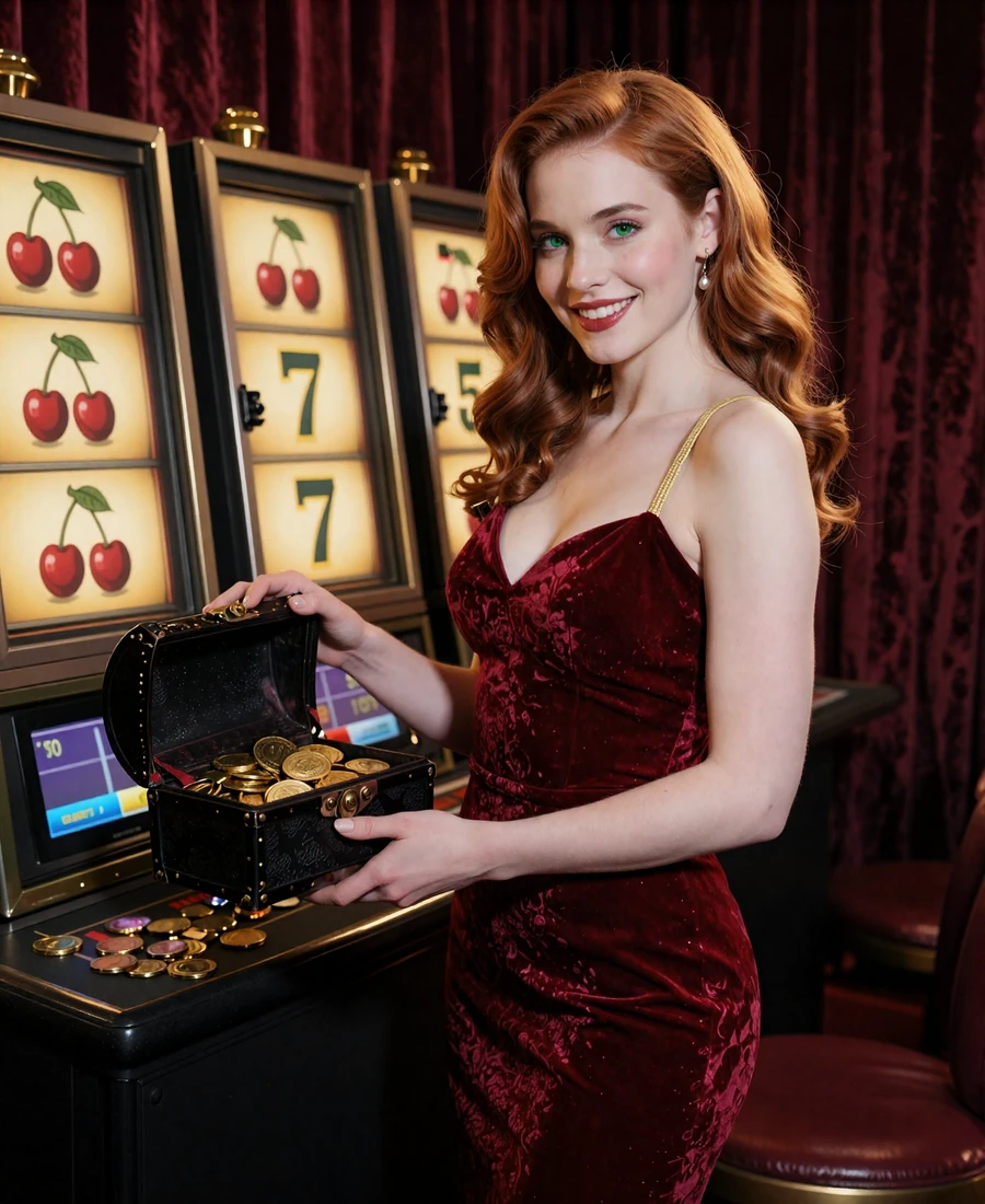 Glamour&ouml;ses Model im Abendkleid mit goldenen Slot-Reels und Bonus-Truhe in der Spielelounge von Beef Casino